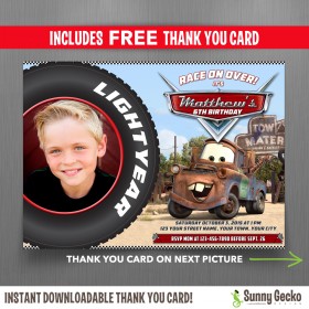 Cars Mater 7x5 in. Birthday Party Invitation with FREE editable Thank you Card